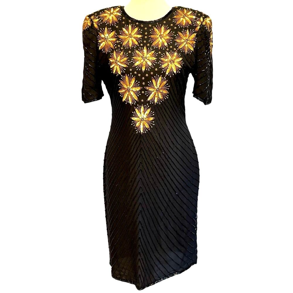 VTG Jennifer 80s Silk Beaded Sequin Dress Black Gold Keyhole Prom Whimsigoth S